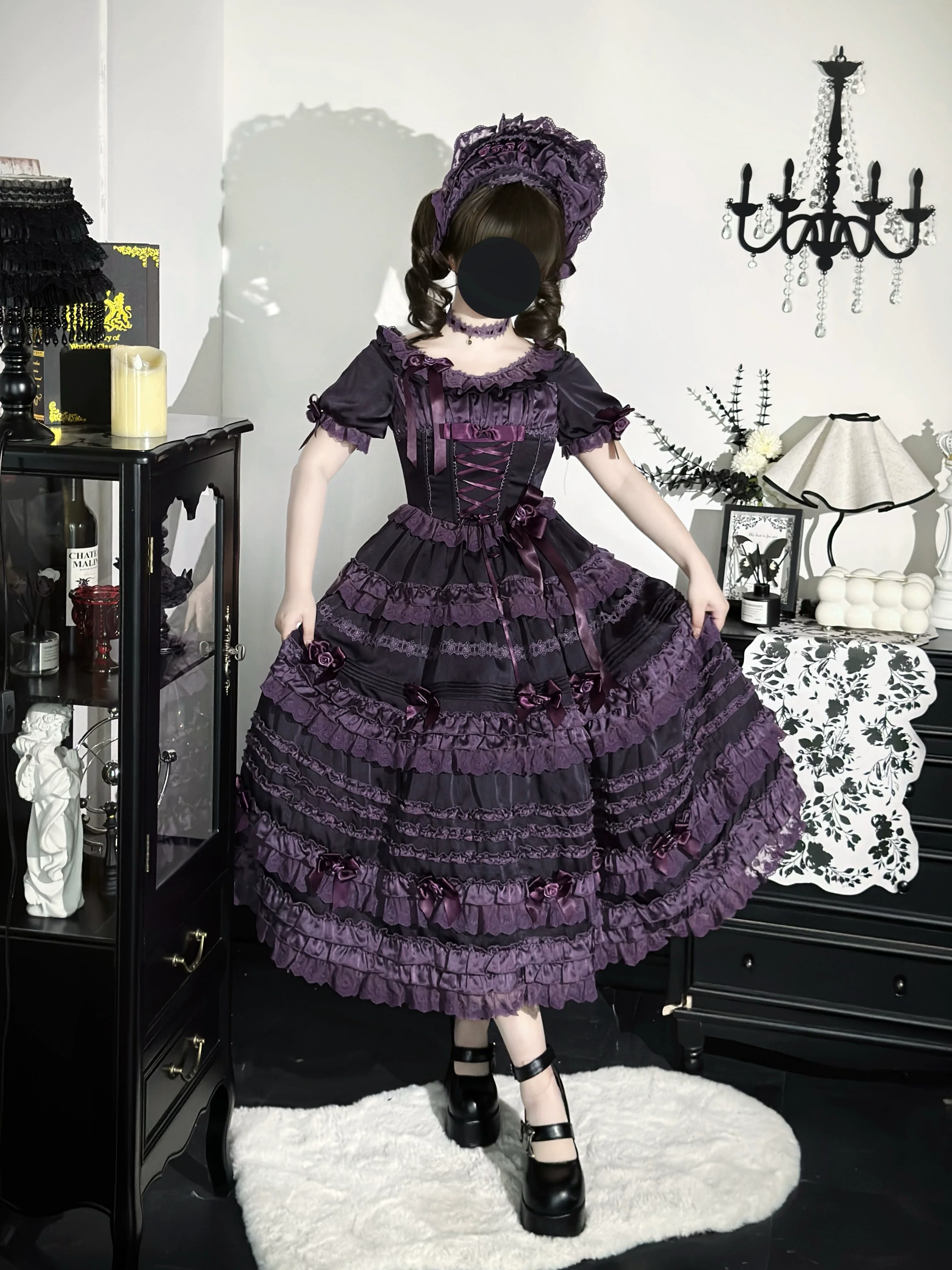 Stacked Black Currant - Gothic Lolita OP Dress, Detachable Skirt Hem - Image 5
