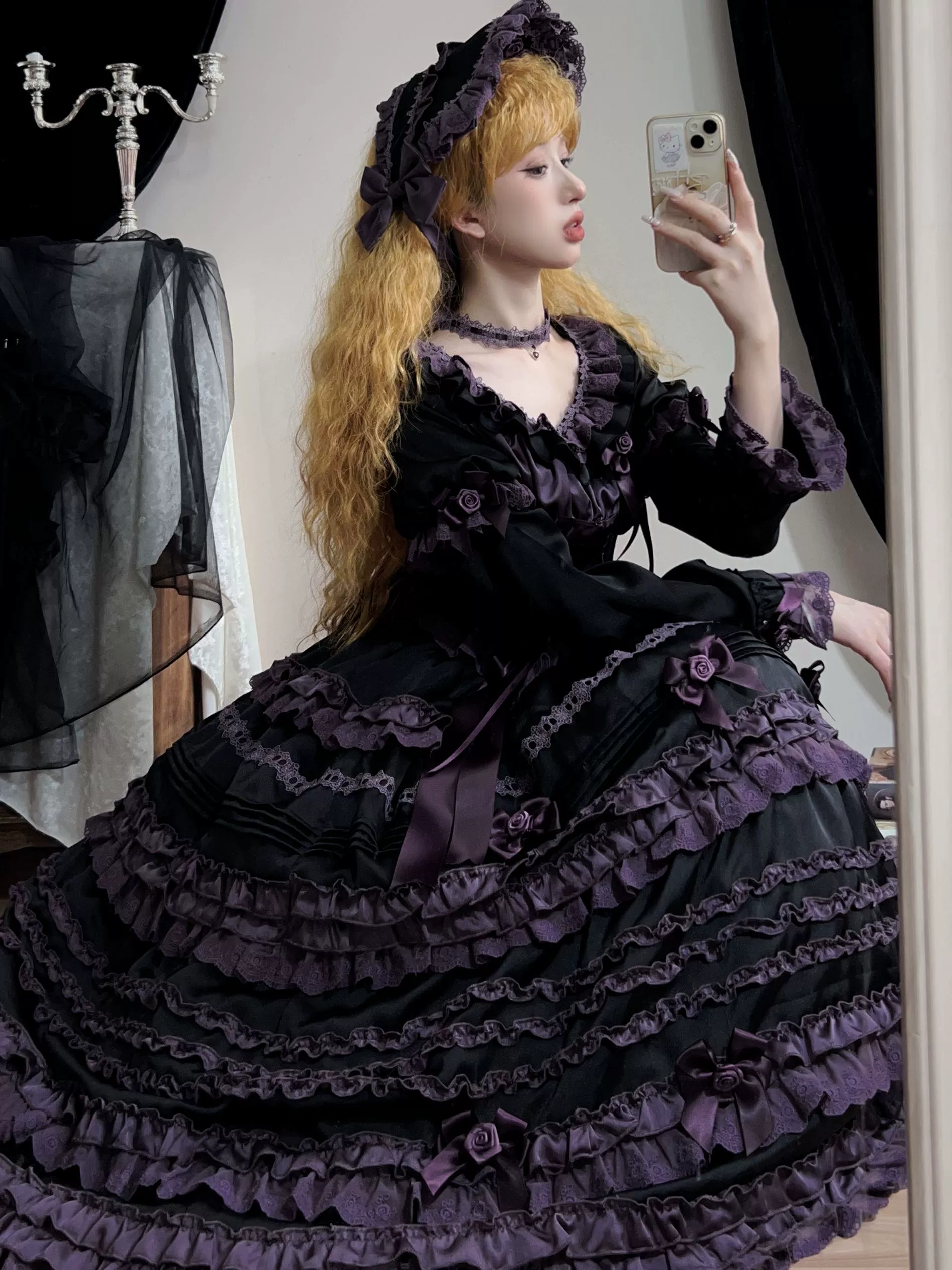 Stacked Black Currant - Gothic Lolita OP Dress, Detachable Skirt Hem - Image 8