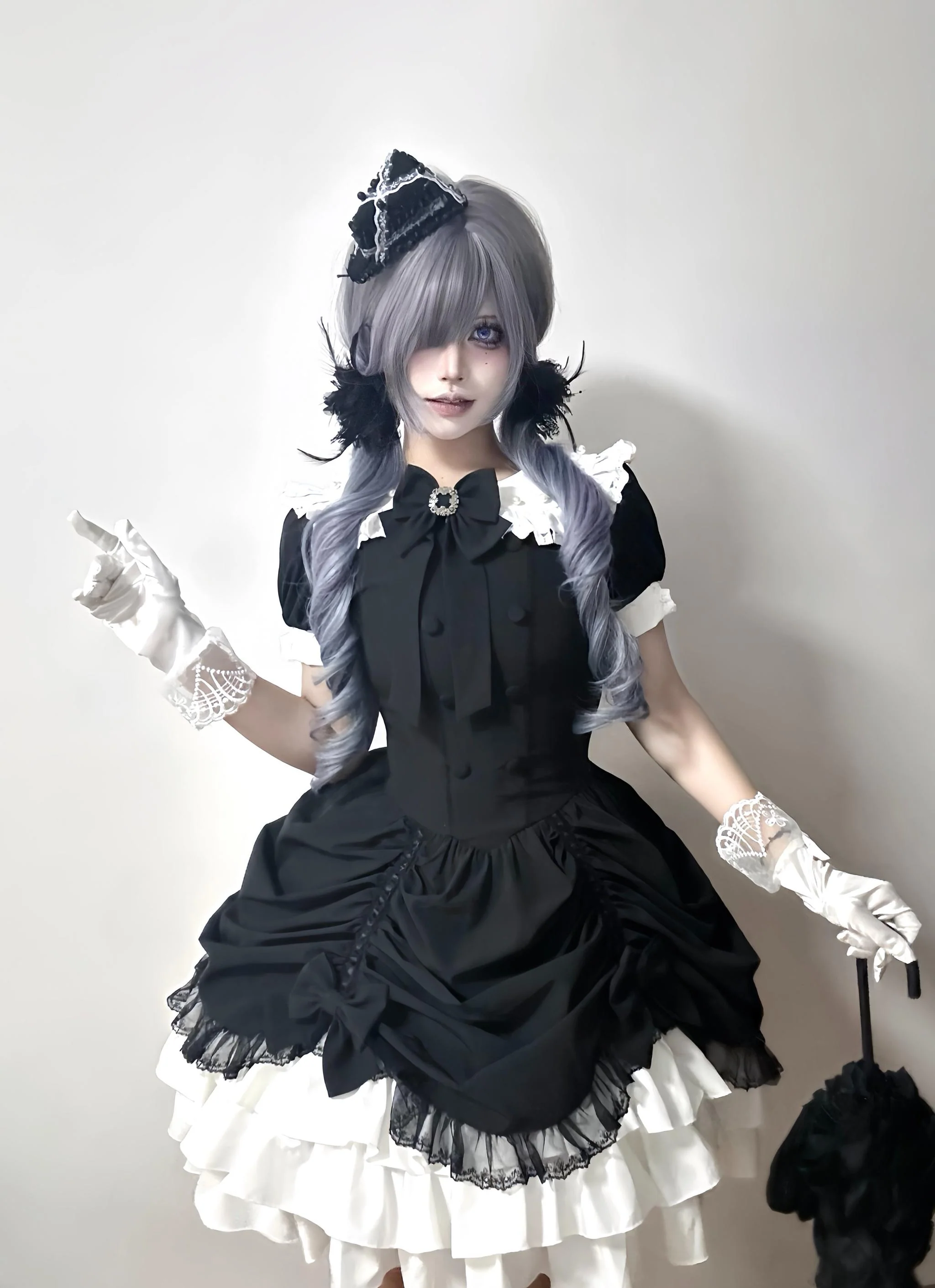 Obsidian - Gothic Lolita OP Dress, Irregular Collar with Pearls - Image 4