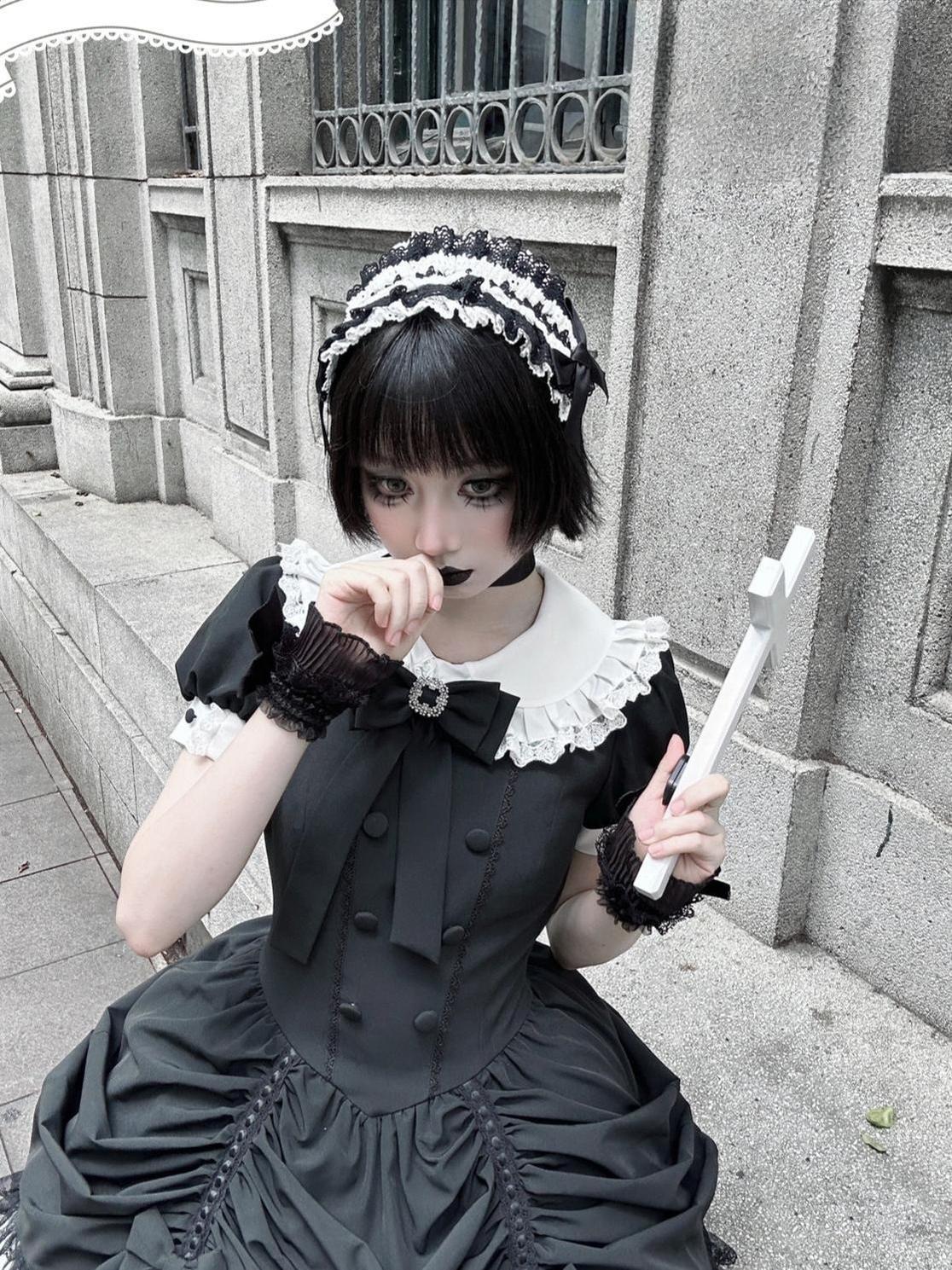 Obsidian - Gothic Lolita OP Dress, Irregular Collar with Pearls - Image 5