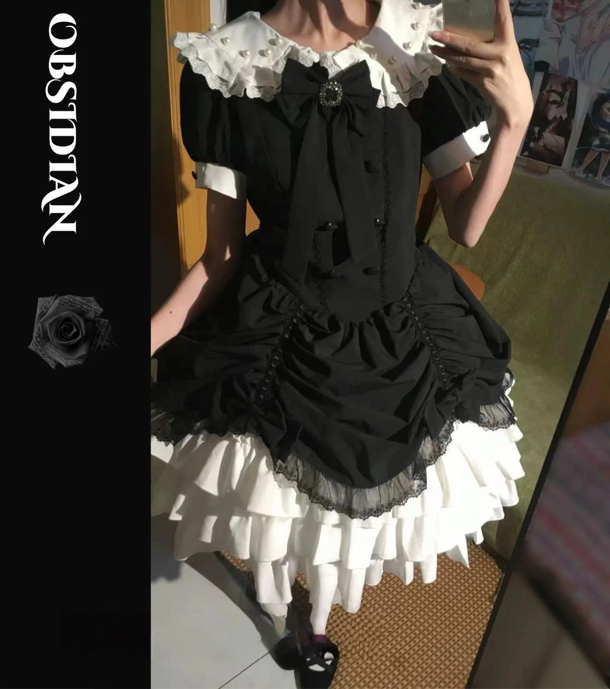 Obsidian - Gothic Lolita OP Dress, Irregular Collar with Pearls - Image 6