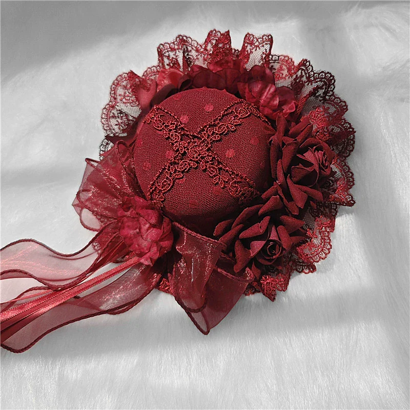 Youge Original Accessory - Gothic Lolita Red Top Hat, Rose & Bow - Image 11
