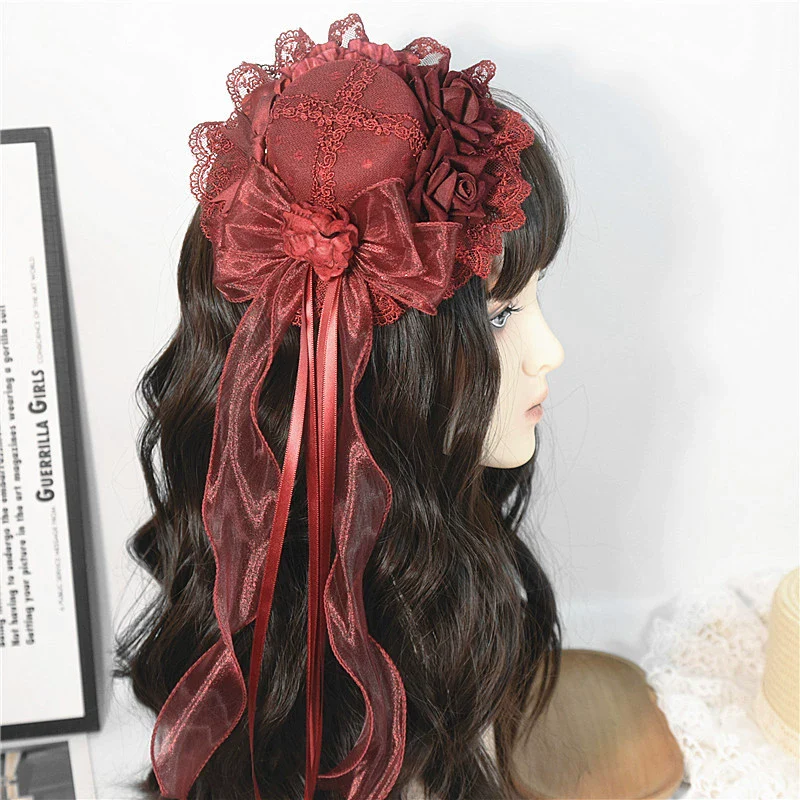 Youge Original Accessory - Gothic Lolita Red Top Hat, Rose & Bow - Image 4