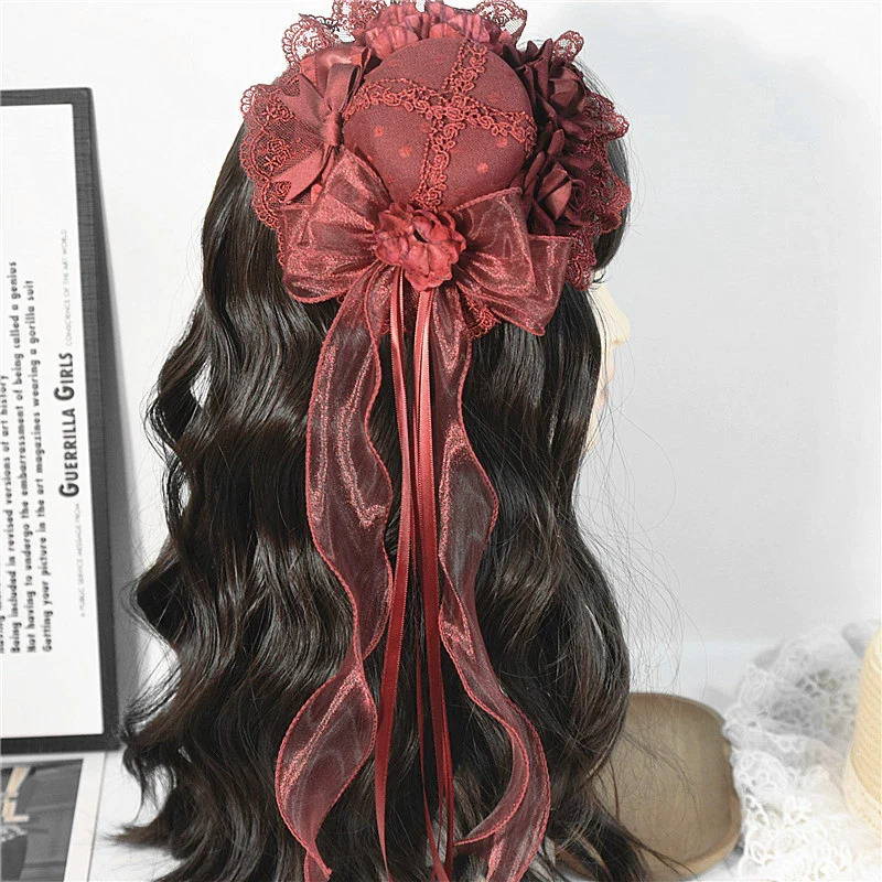 Youge Original Accessory - Gothic Lolita Red Top Hat, Rose & Bow - Image 5