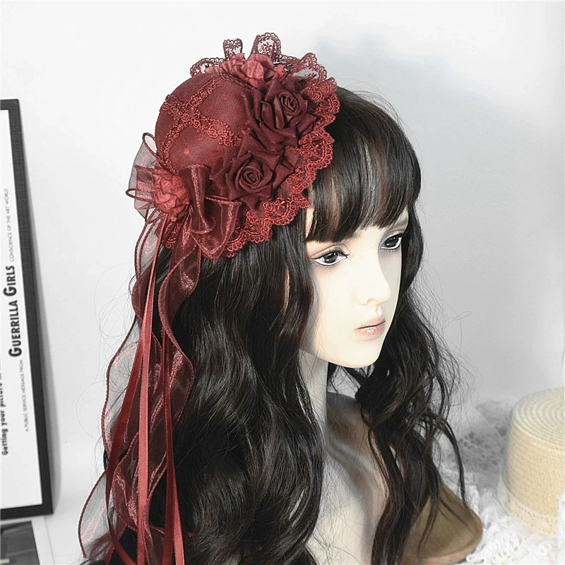 Youge Original Accessory - Gothic Lolita Red Top Hat, Rose & Bow - Image 6