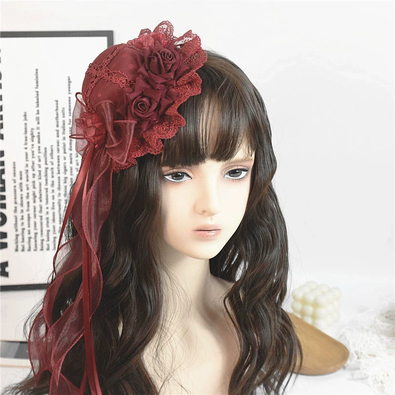 Youge Original Accessory - Gothic Lolita Red Top Hat, Rose & Bow - Image 7