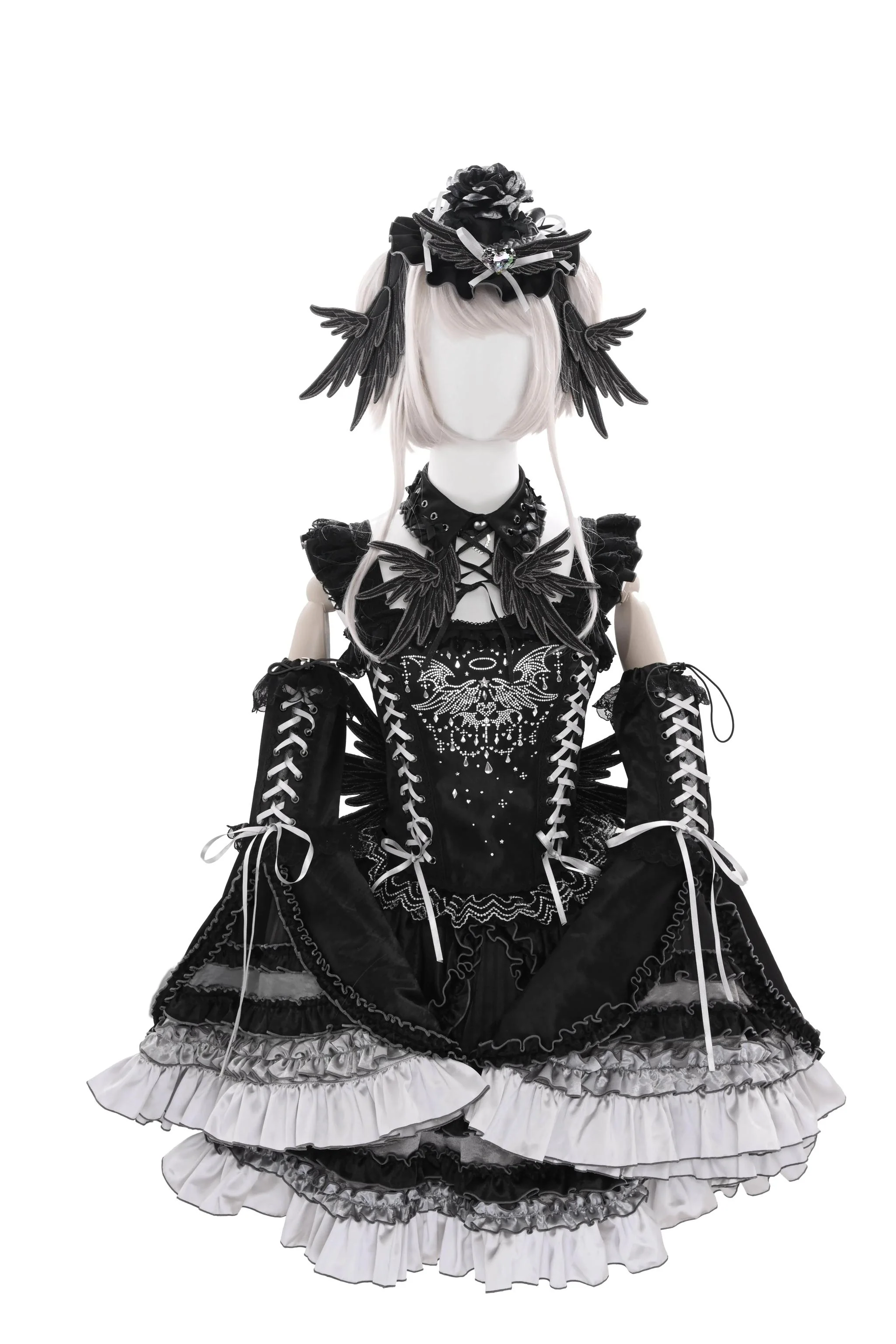 LustrE - Metallic Angel Black - Gothic Lolita Rhinestone Top & Ruffled Skirt Set - Image 10