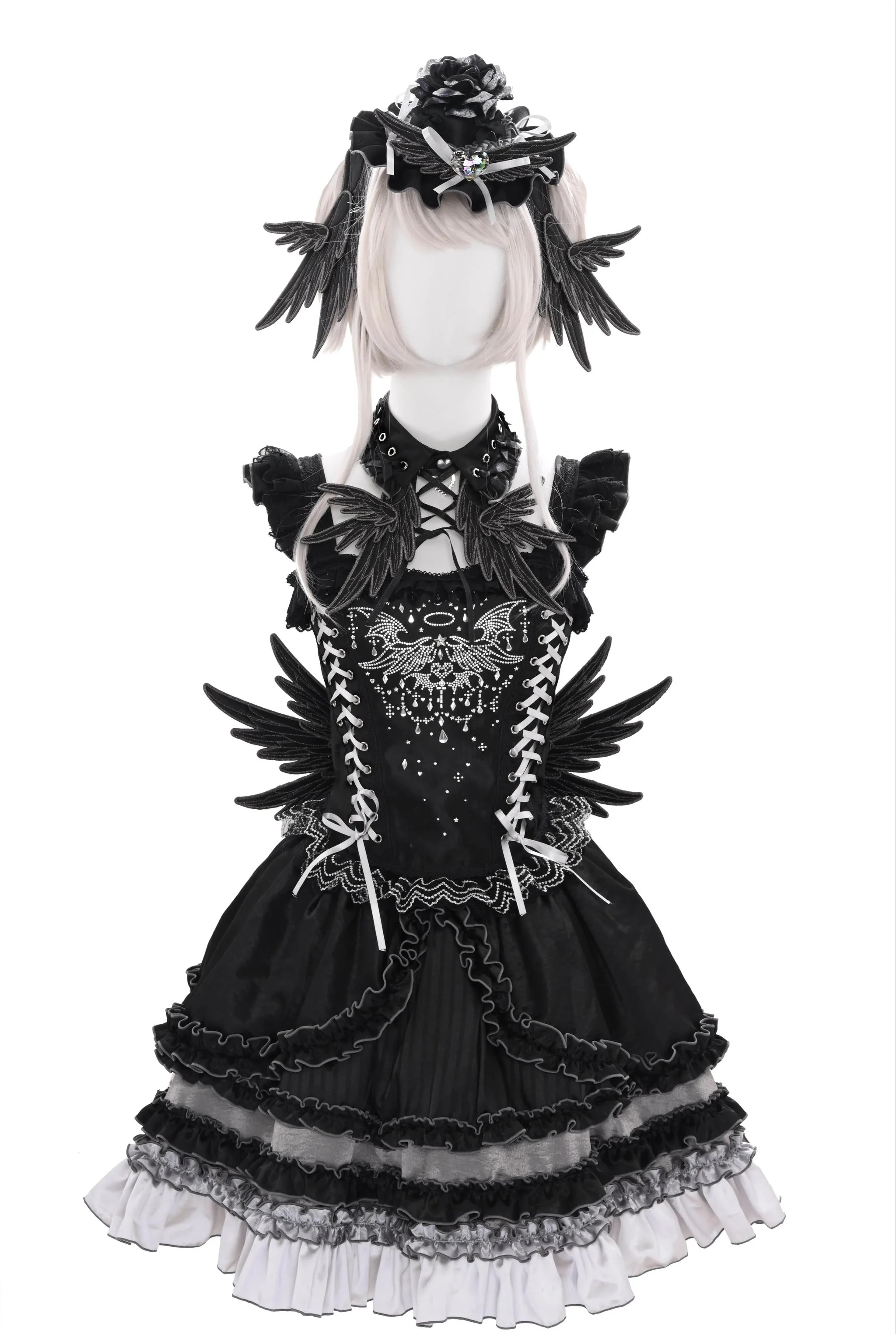 LustrE - Metallic Angel Black - Gothic Lolita Rhinestone Top & Ruffled Skirt Set - Image 11