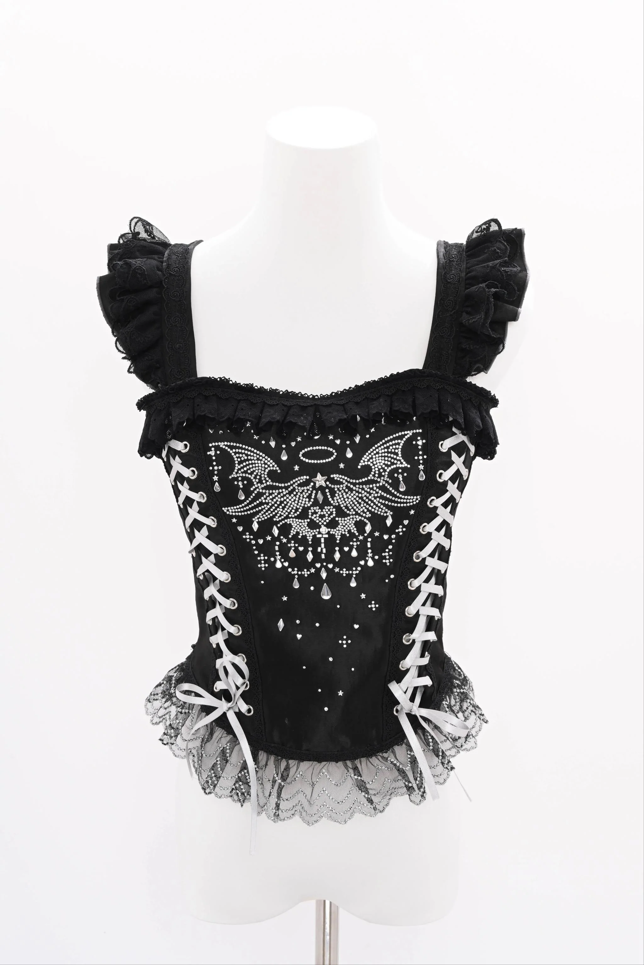 LustrE - Metallic Angel Black - Gothic Lolita Rhinestone Top & Ruffled Skirt Set - Image 14