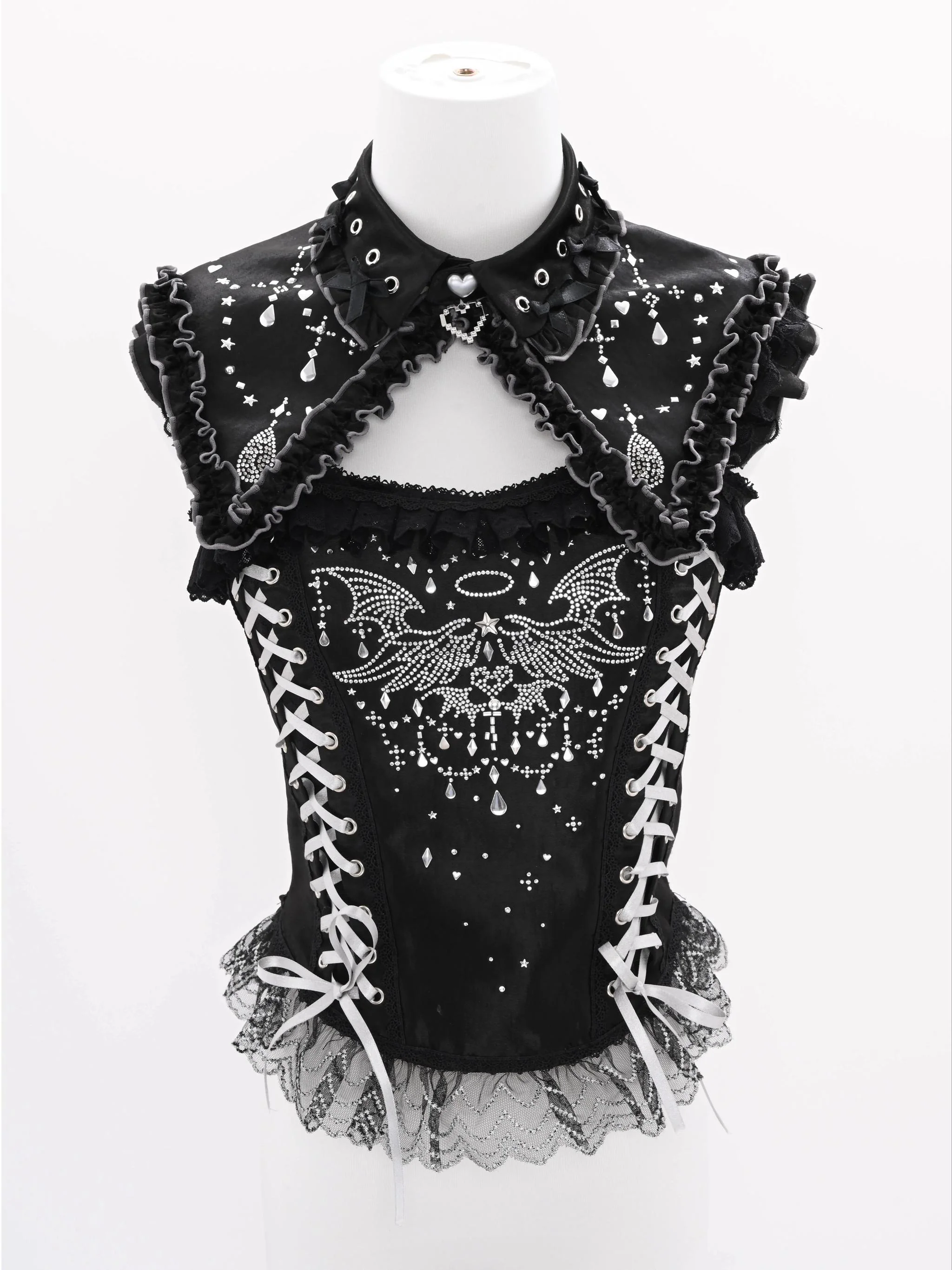 LustrE - Metallic Angel Black - Gothic Lolita Rhinestone Top & Ruffled Skirt Set - Image 21