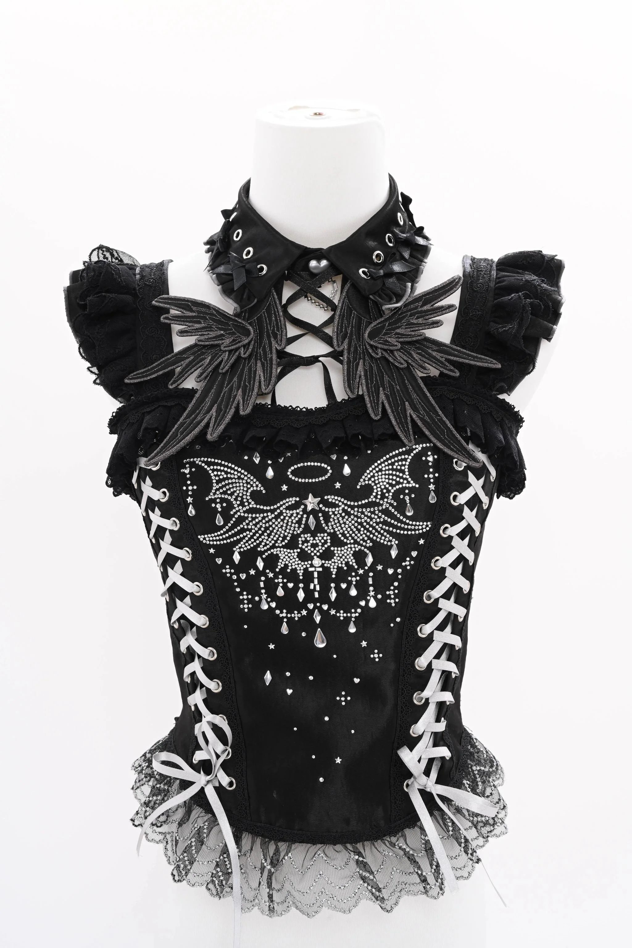 LustrE - Metallic Angel Black - Gothic Lolita Rhinestone Top & Ruffled Skirt Set - Image 22