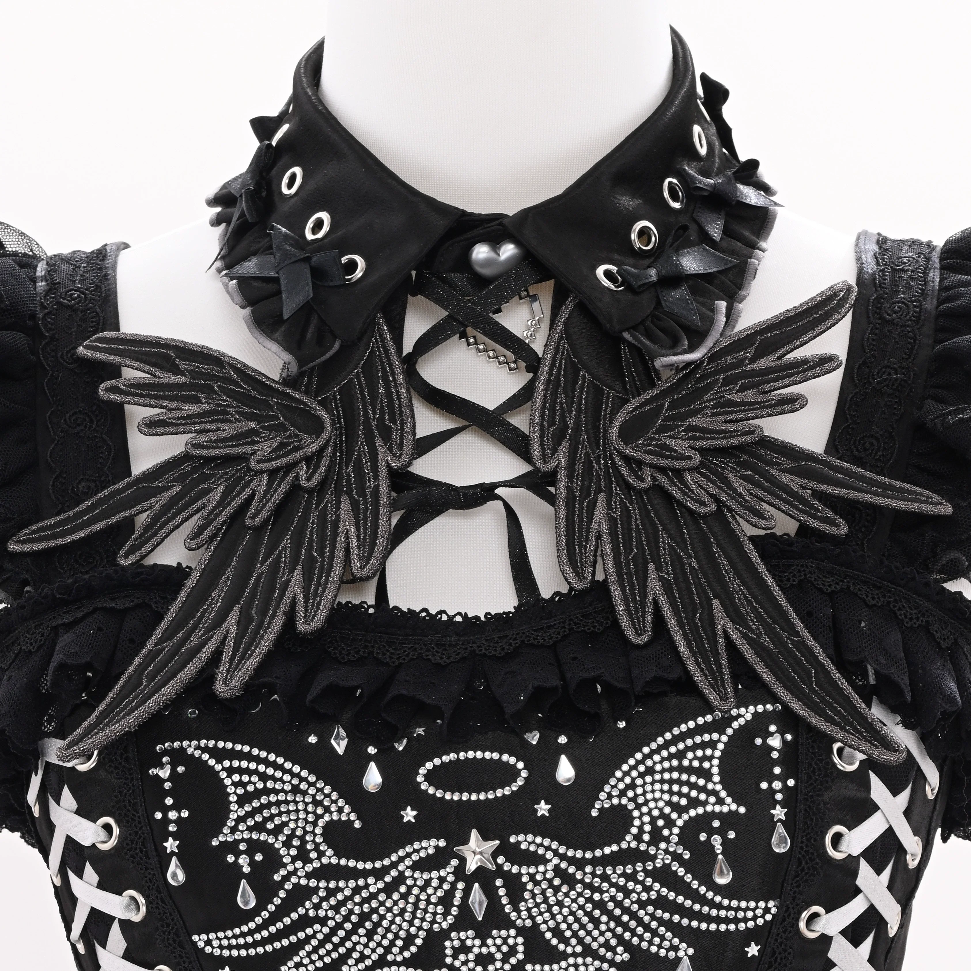 LustrE - Metallic Angel Black - Gothic Lolita Rhinestone Top & Ruffled Skirt Set - Image 23