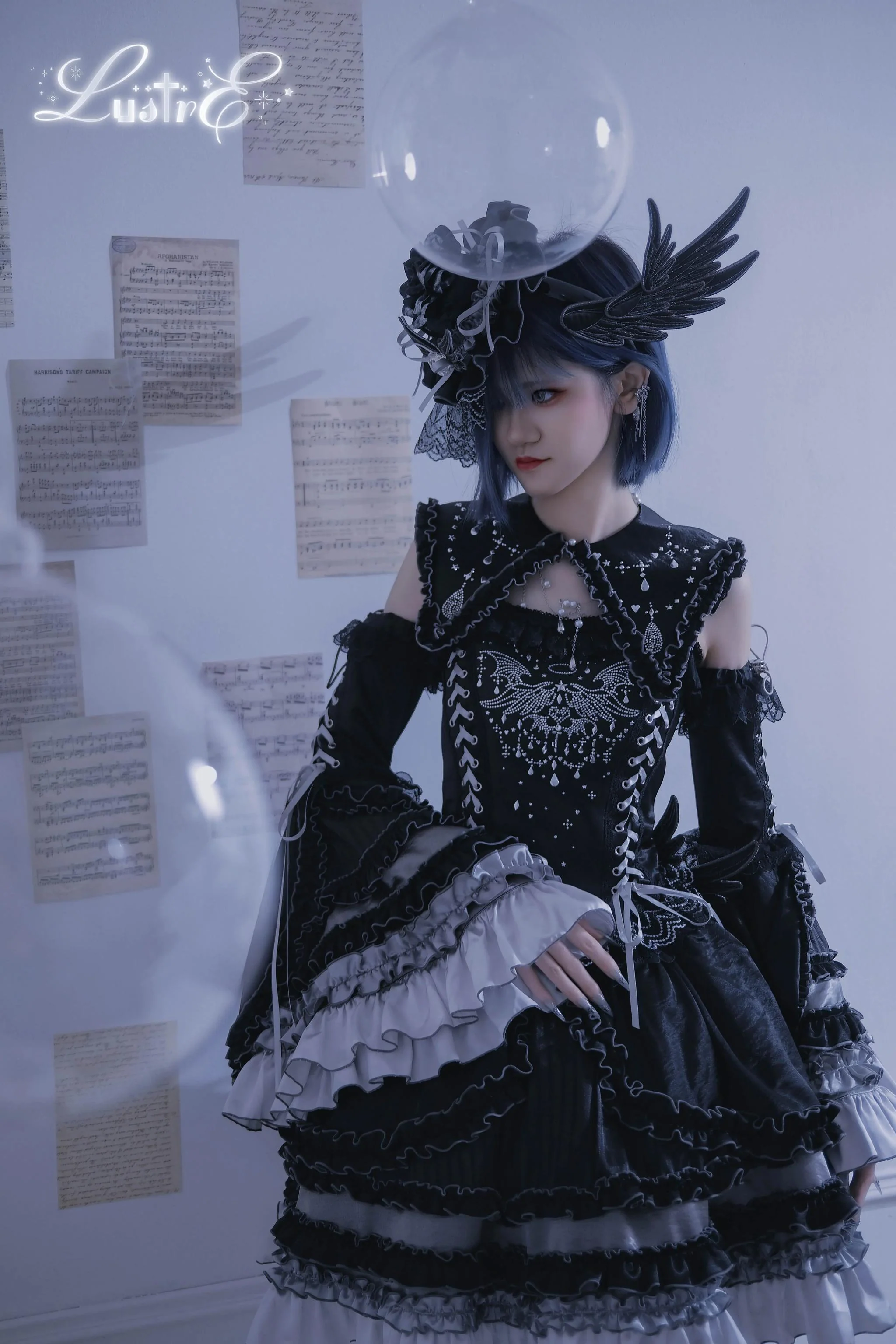 LustrE - Metallic Angel Black - Gothic Lolita Rhinestone Top & Ruffled Skirt Set - Image 4