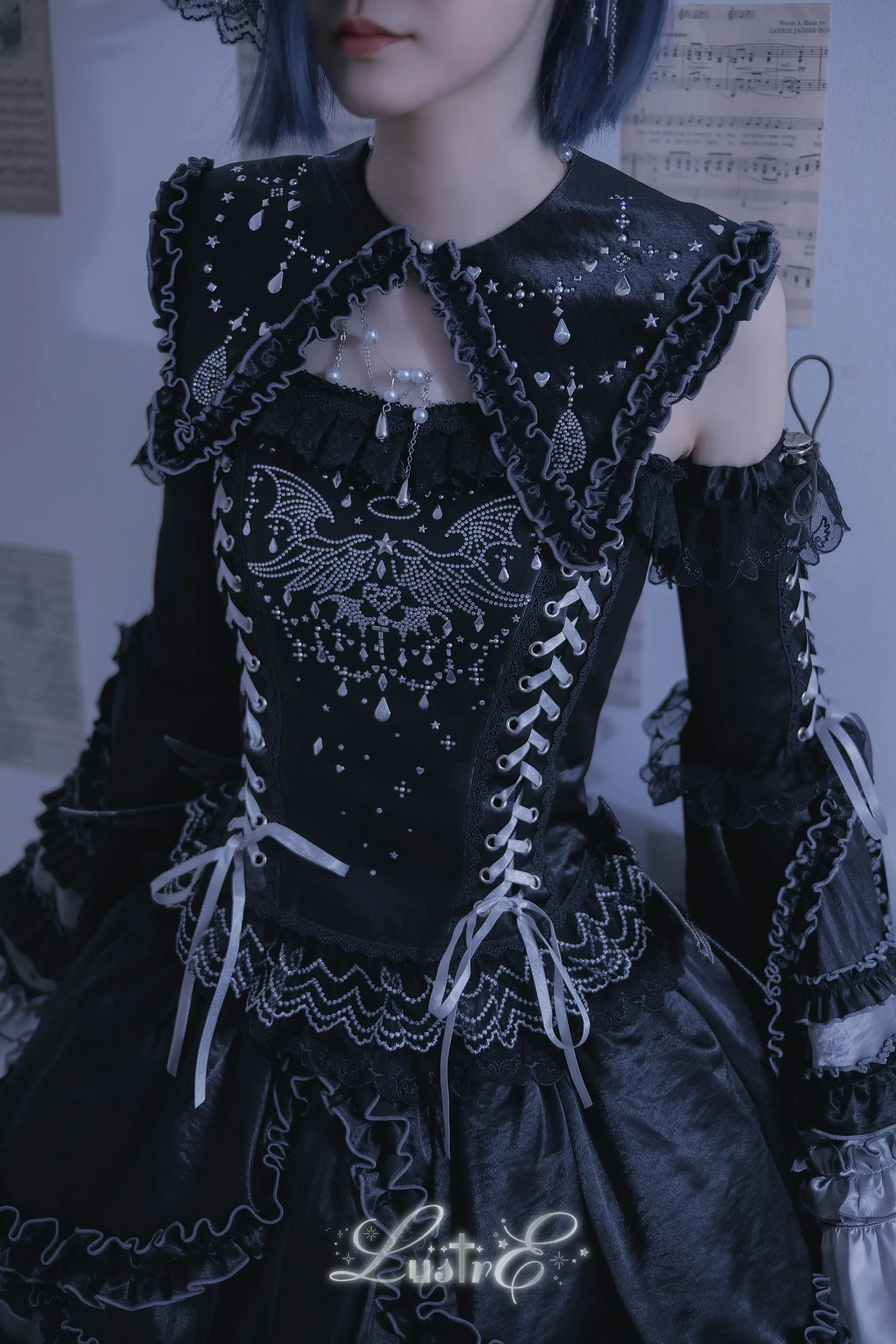 LustrE - Metallic Angel Black - Gothic Lolita Rhinestone Top & Ruffled Skirt Set - Image 5
