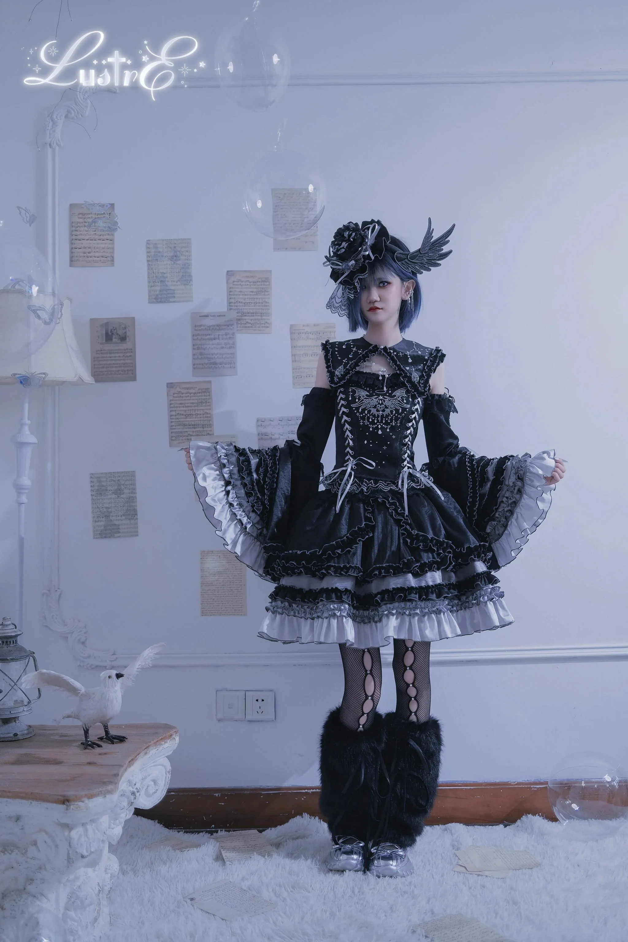 LustrE - Metallic Angel Black - Gothic Lolita Rhinestone Top & Ruffled Skirt Set - Image 6