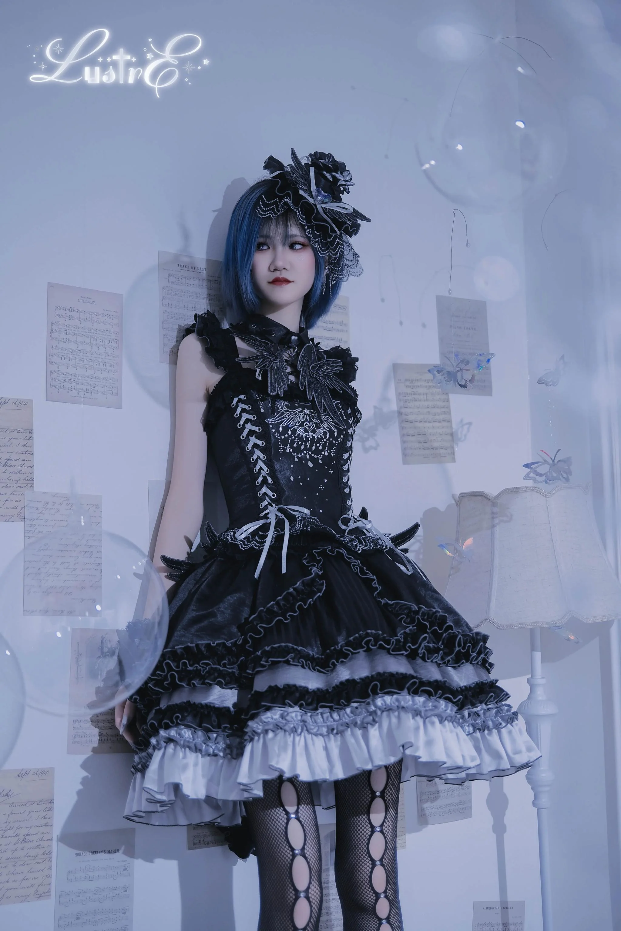 LustrE - Metallic Angel Black - Gothic Lolita Rhinestone Top & Ruffled Skirt Set - Image 7