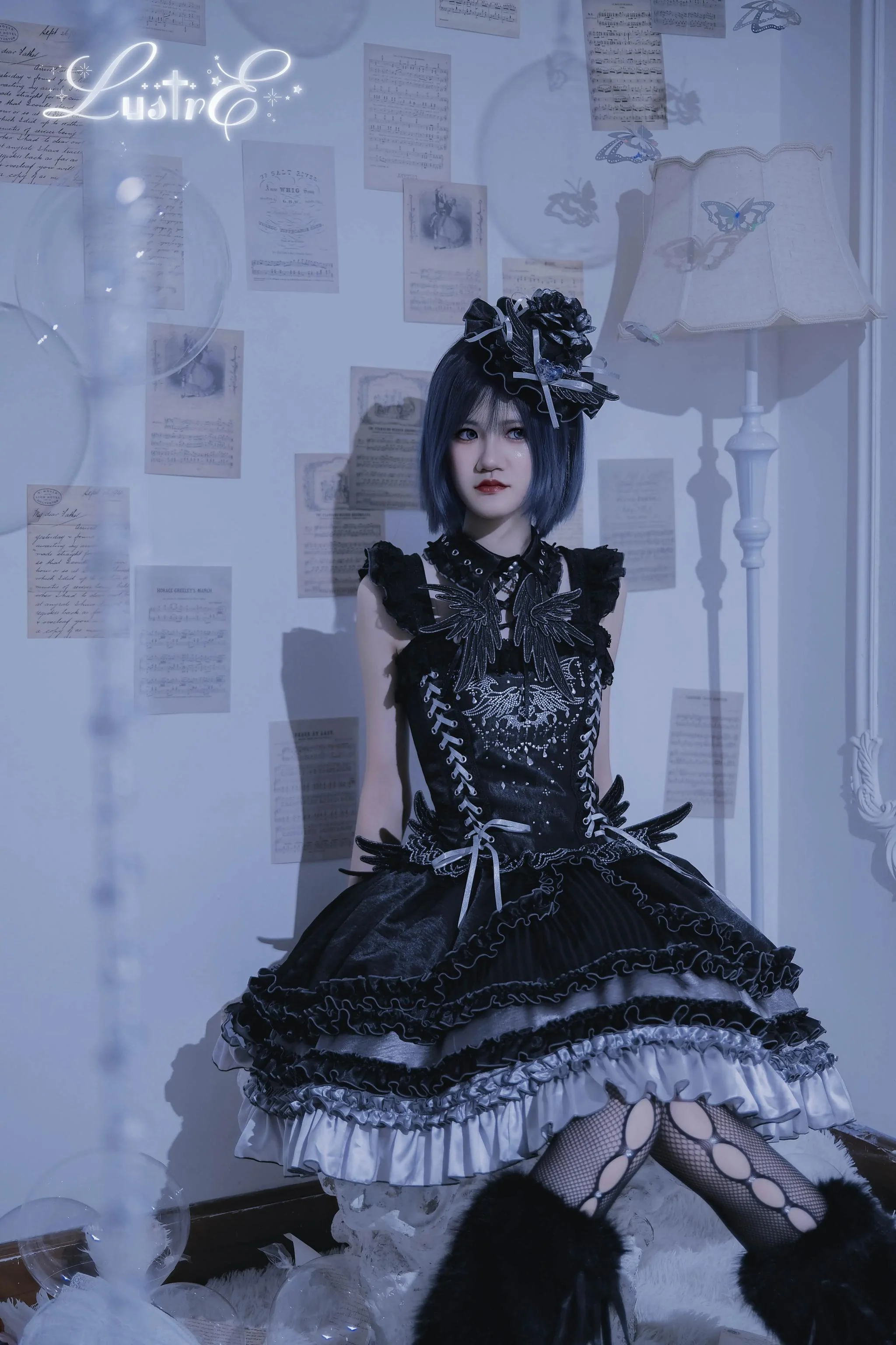 LustrE - Metallic Angel Black - Gothic Lolita Rhinestone Top & Ruffled Skirt Set - Image 8