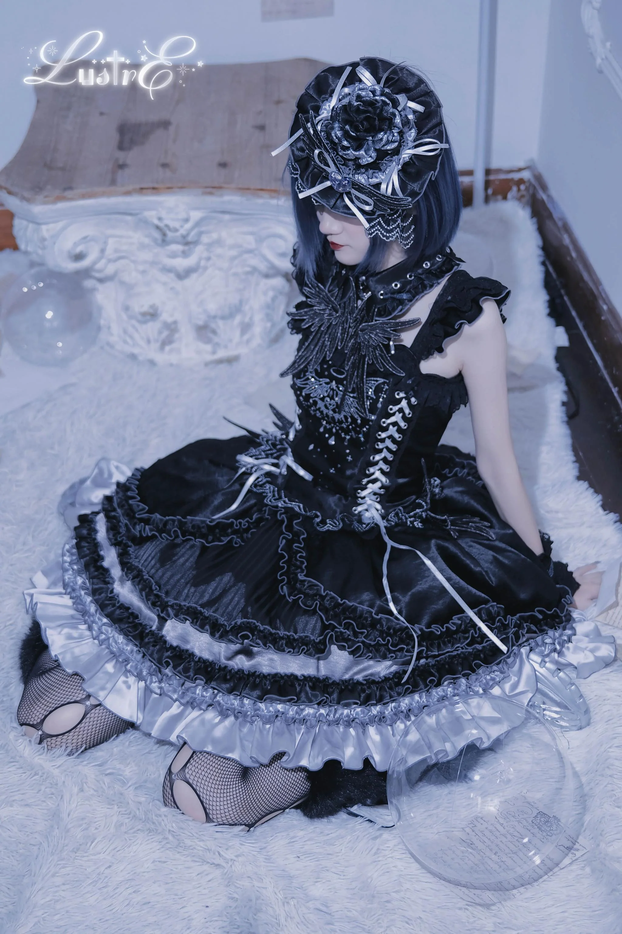 LustrE - Metallic Angel Black - Gothic Lolita Rhinestone Top & Ruffled Skirt Set - Image 9