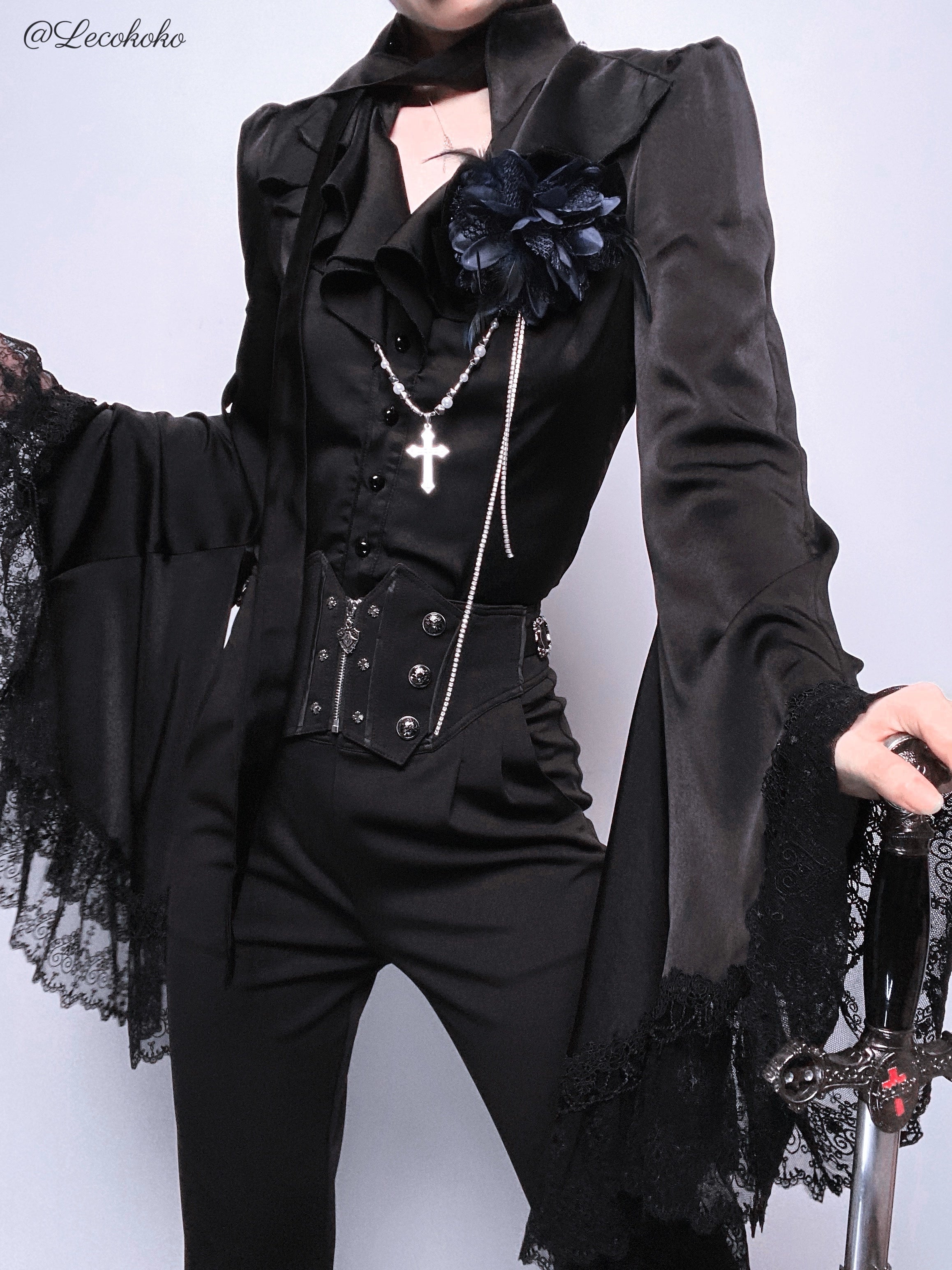 Acorn Lolita - Butterfly Shadow - Gothic Lolita Ruffled Shirt, Tailcoat Style - Image 2