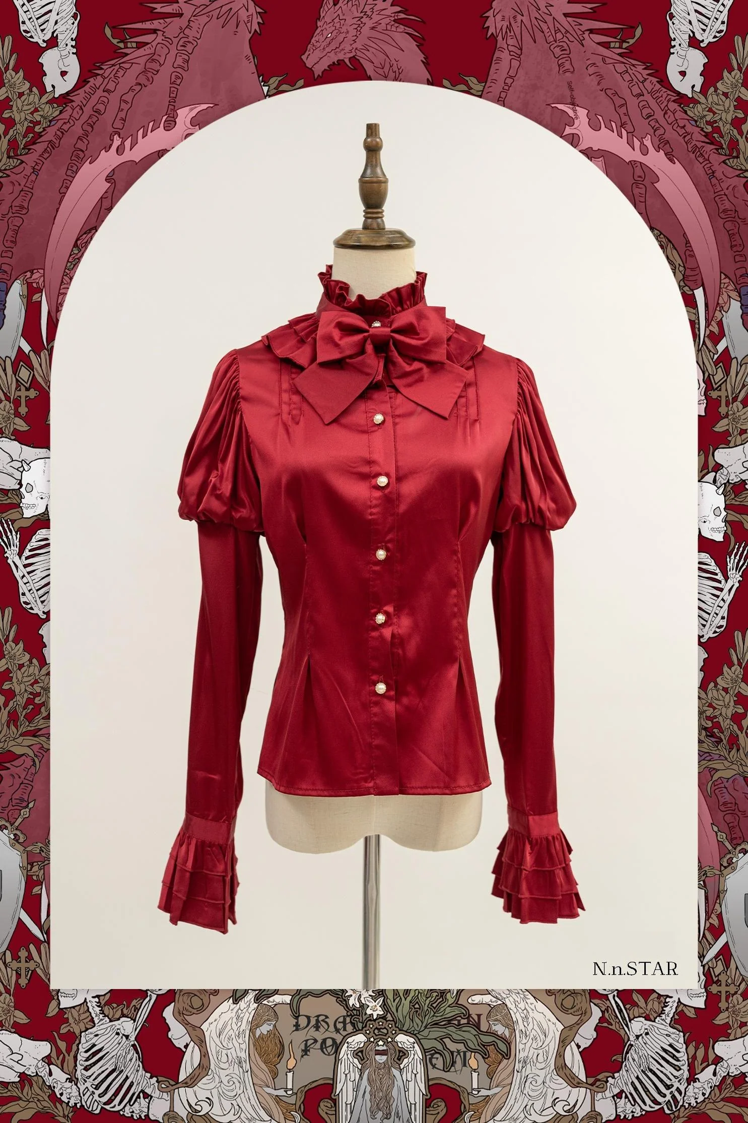 Dragonbone Lily - Gothic Lolita Satin Shirt with Vintage Julie Sleeves - Image 13