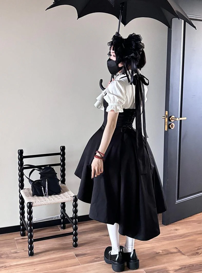 FlowerFairyDaily - Trace Night - Gothic Lolita Short-sleeved Shirt with Adjustable Waist - Image 15