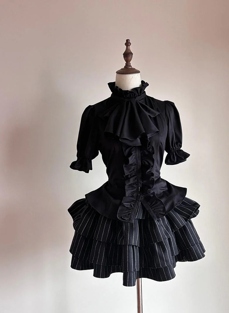 FlowerFairyDaily - Trace Night - Gothic Lolita Short-sleeved Shirt with Adjustable Waist - Image 5