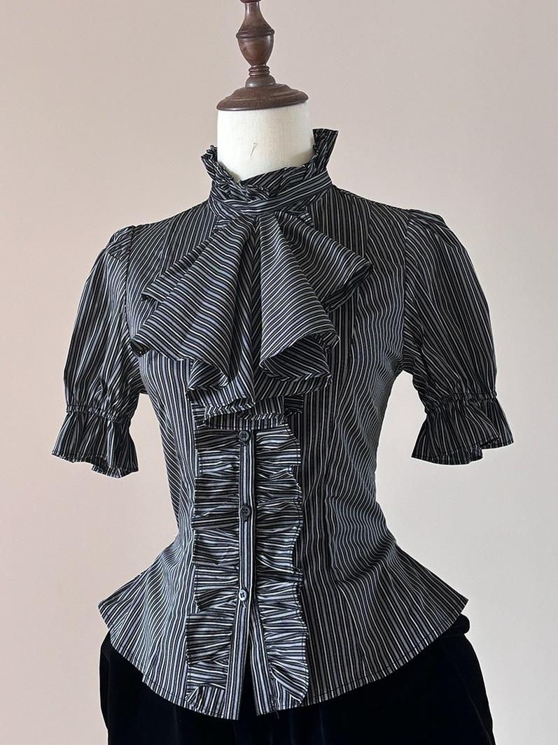 FlowerFairyDaily - Trace Night - Gothic Lolita Short-sleeved Shirt with Adjustable Waist - Image 6
