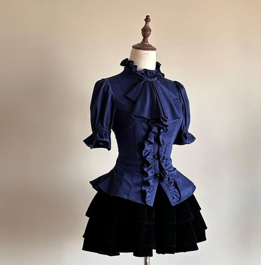 FlowerFairyDaily - Trace Night - Gothic Lolita Short-sleeved Shirt with Adjustable Waist - Image 8