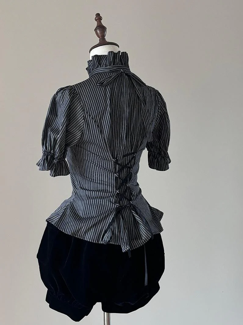 FlowerFairyDaily - Trace Night - Gothic Lolita Short-sleeved Shirt with Adjustable Waist - Image 9