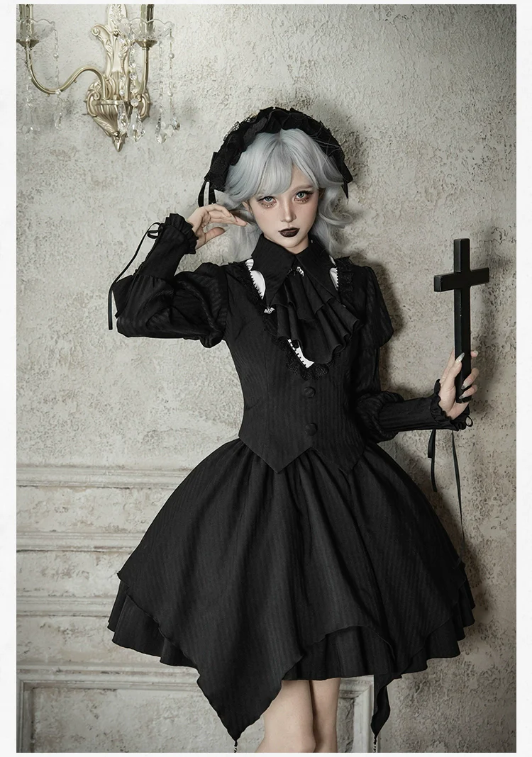 With PUJI - Night Talk - Gothic Lolita Skirt Dress Set, Batwing-shaped Accents - Image 25