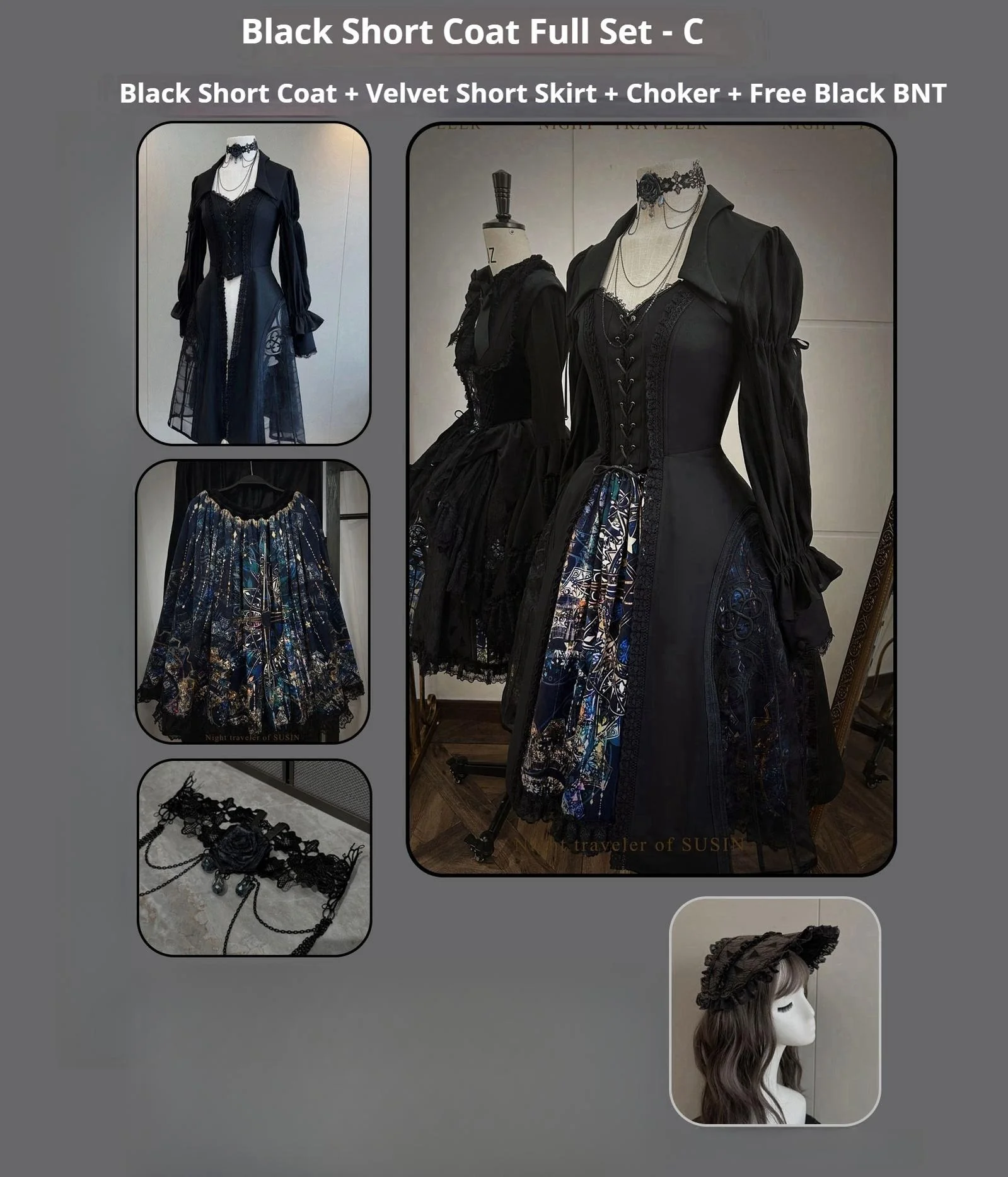 Night Traveler - Gothic Lolita Skirt Outfit Long Coat Shirt and Bustier Set - Image 64