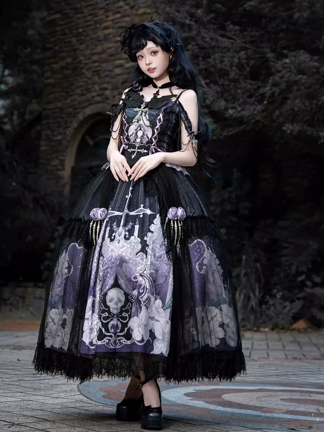Withered Bone Specter - Gothic Lolita Skirt Set, Rose & Skeleton Hand Decor
