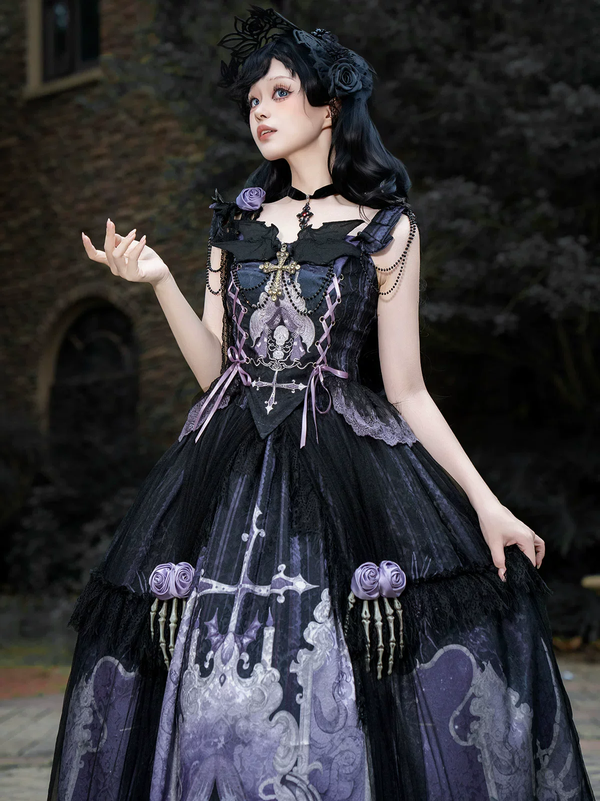 Withered Bone Specter - Gothic Lolita Skirt Set, Rose & Skeleton Hand Decor - Image 12