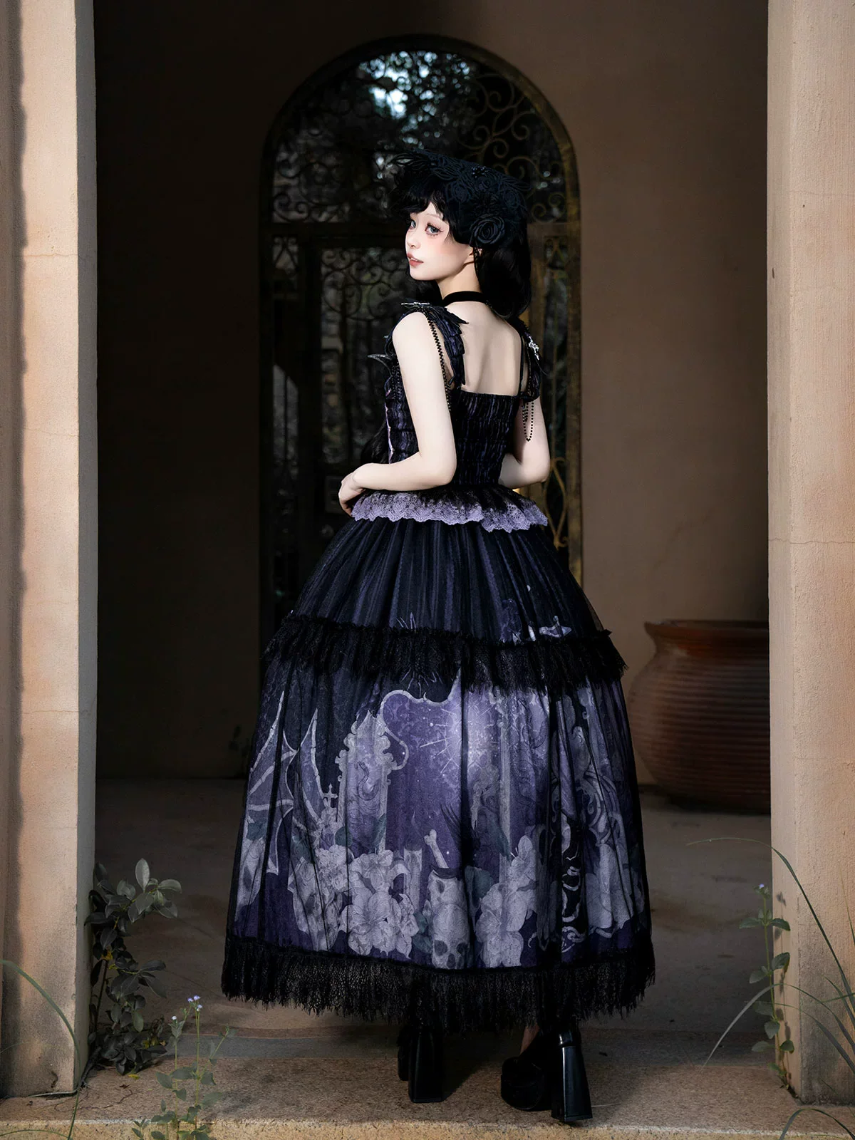 Withered Bone Specter - Gothic Lolita Skirt Set, Rose & Skeleton Hand Decor - Image 3