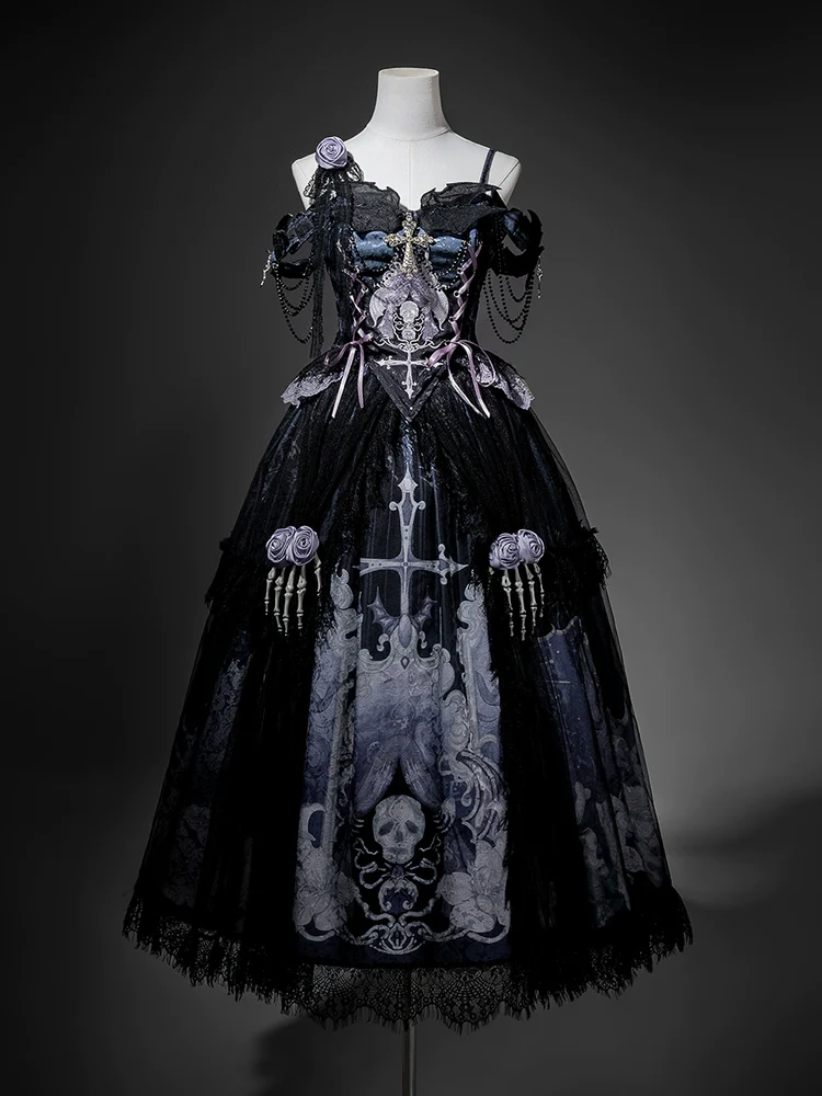 Withered Bone Specter - Gothic Lolita Skirt Set, Rose & Skeleton Hand Decor - Image 4