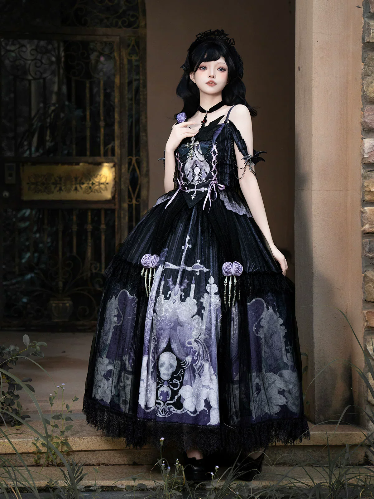 Withered Bone Specter - Gothic Lolita Skirt Set, Rose & Skeleton Hand Decor - Image 9