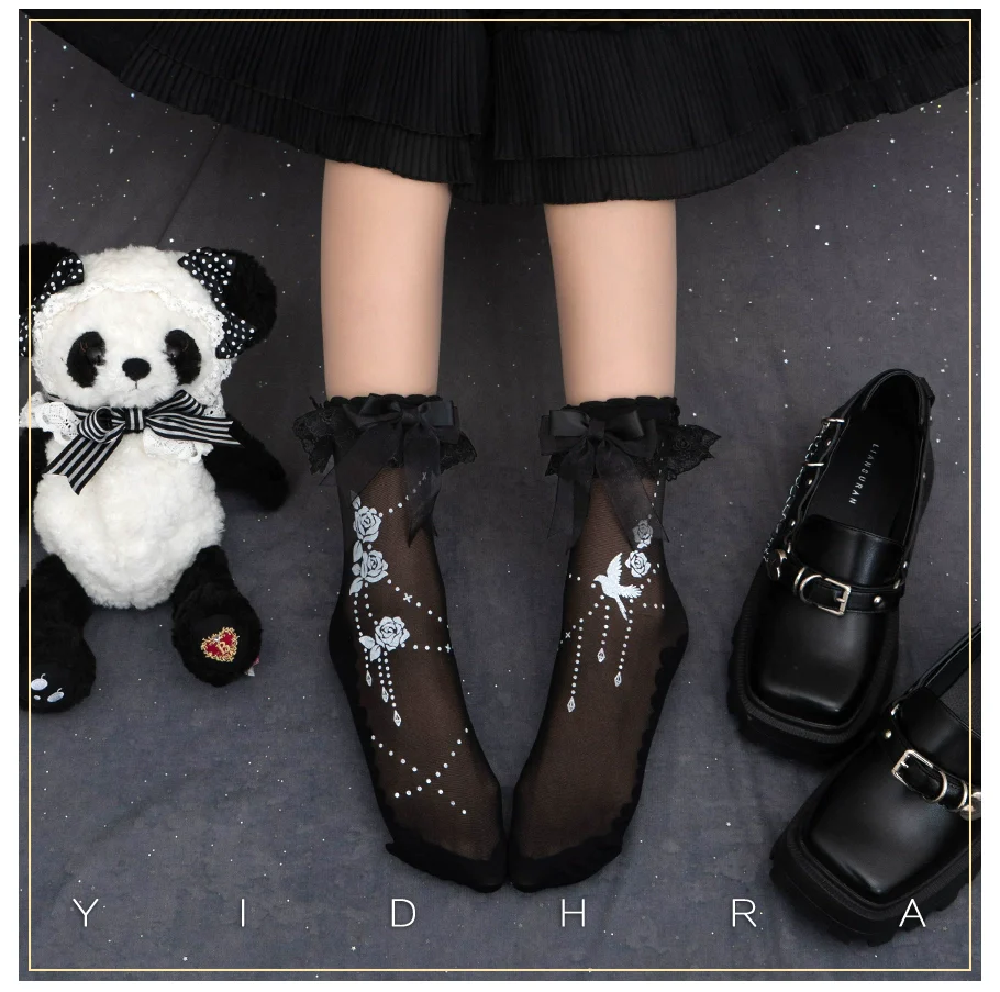 Yidhra - Nightingale and Rose - Gothic Lolita Socks Rose Lace Socks - Image 2
