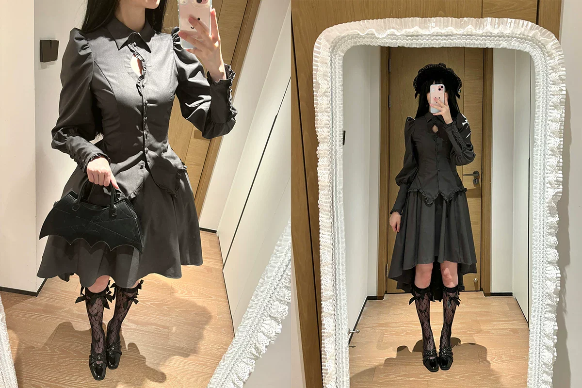 Shadow Hymn - Gothic Lolita Solid Shirt & Skirt, Side Zipper - Image 14