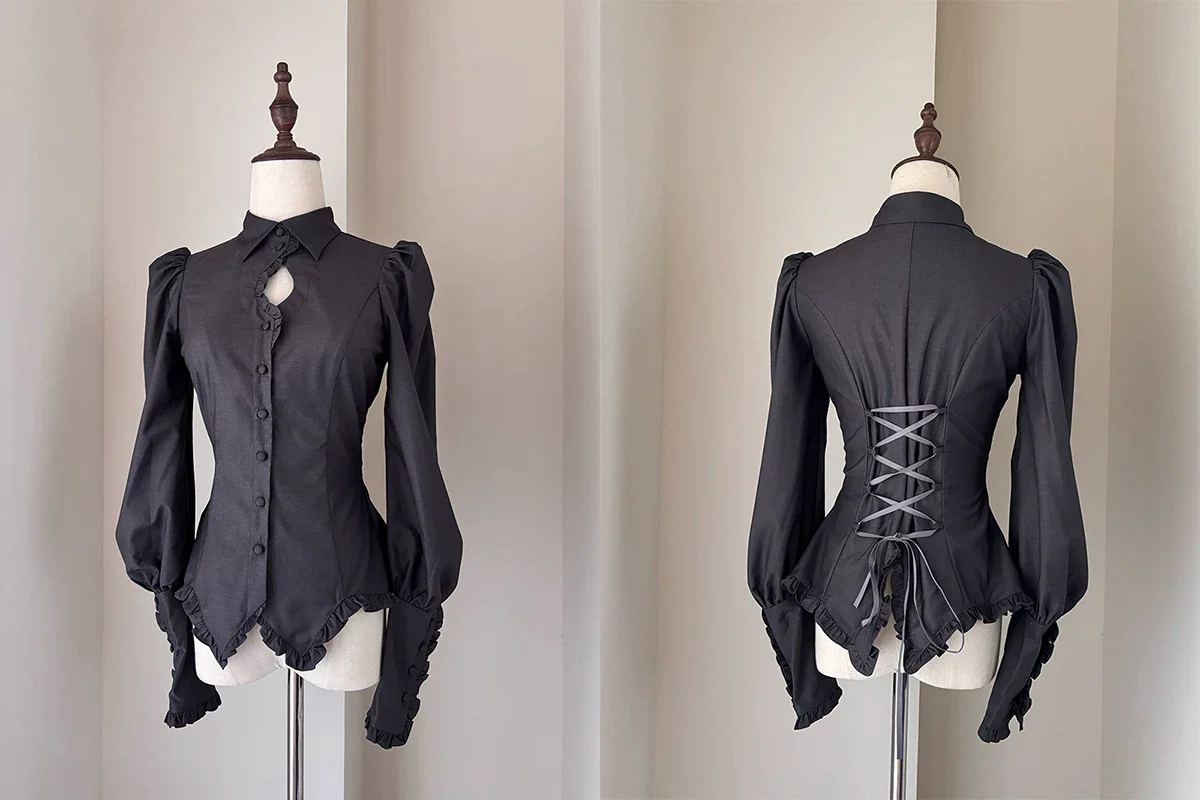 Shadow Hymn - Gothic Lolita Solid Shirt & Skirt, Side Zipper - Image 5