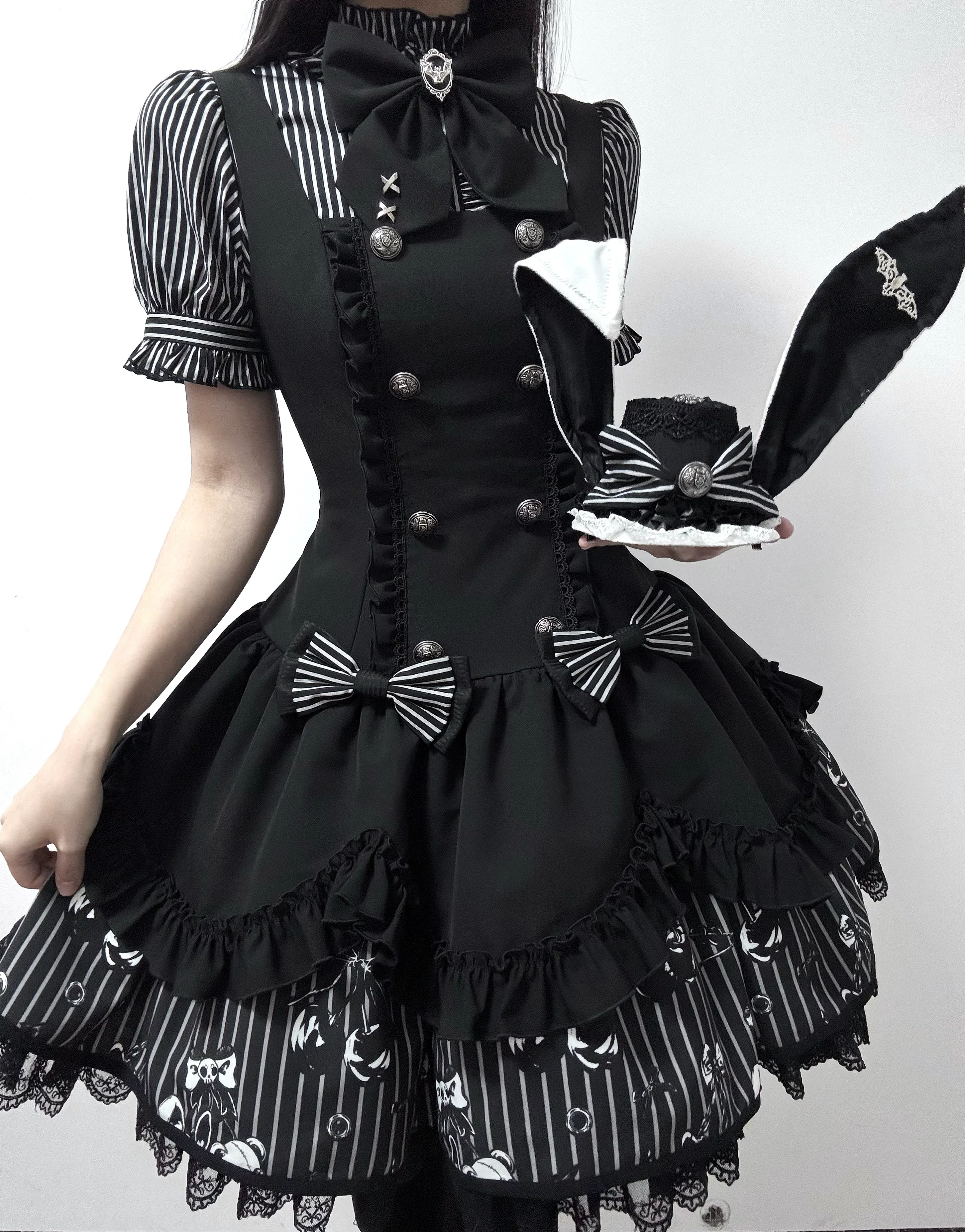 Dark Lord - Gothic Lolita Striped JSK Set, Skull Print - Image 9