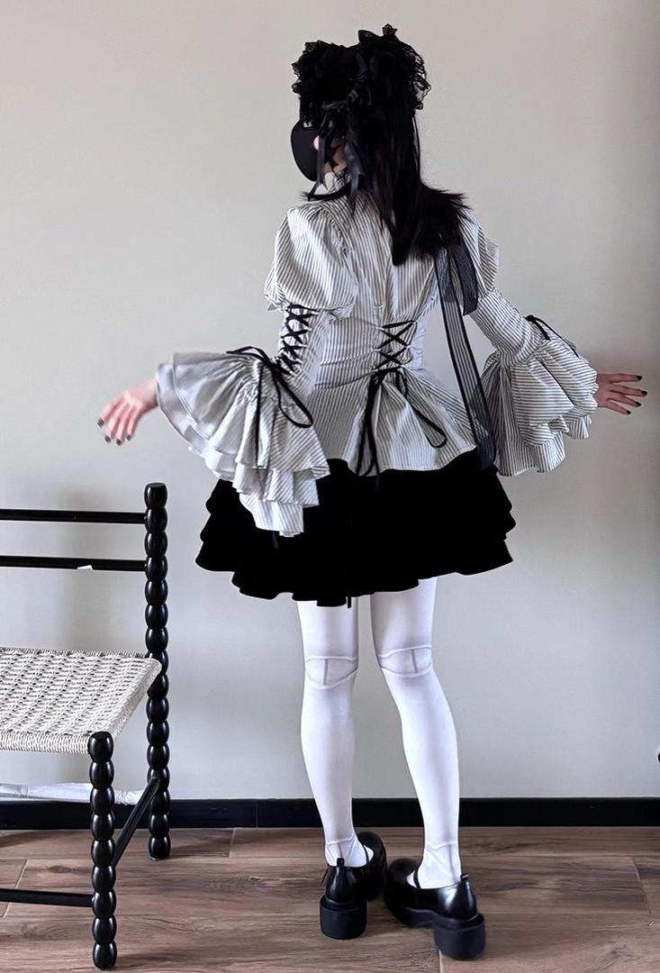 FlowerFairyDaily - Gothic Lolita Striped Shirt With Alternative NeckTie/Jabot - Image 10