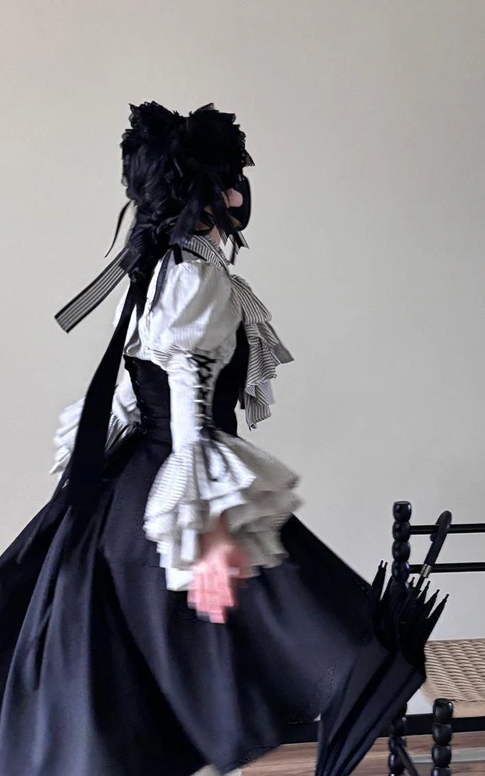 FlowerFairyDaily - Gothic Lolita Striped Shirt With Alternative NeckTie/Jabot - Image 11