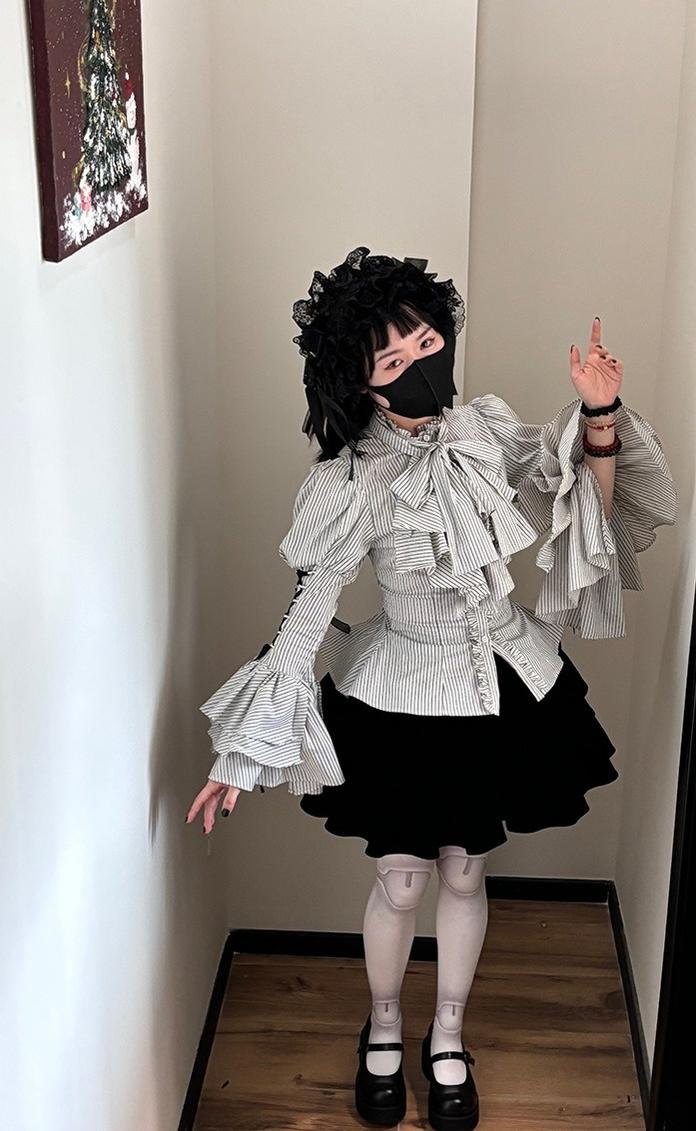 FlowerFairyDaily - Gothic Lolita Striped Shirt With Alternative NeckTie/Jabot - Image 12