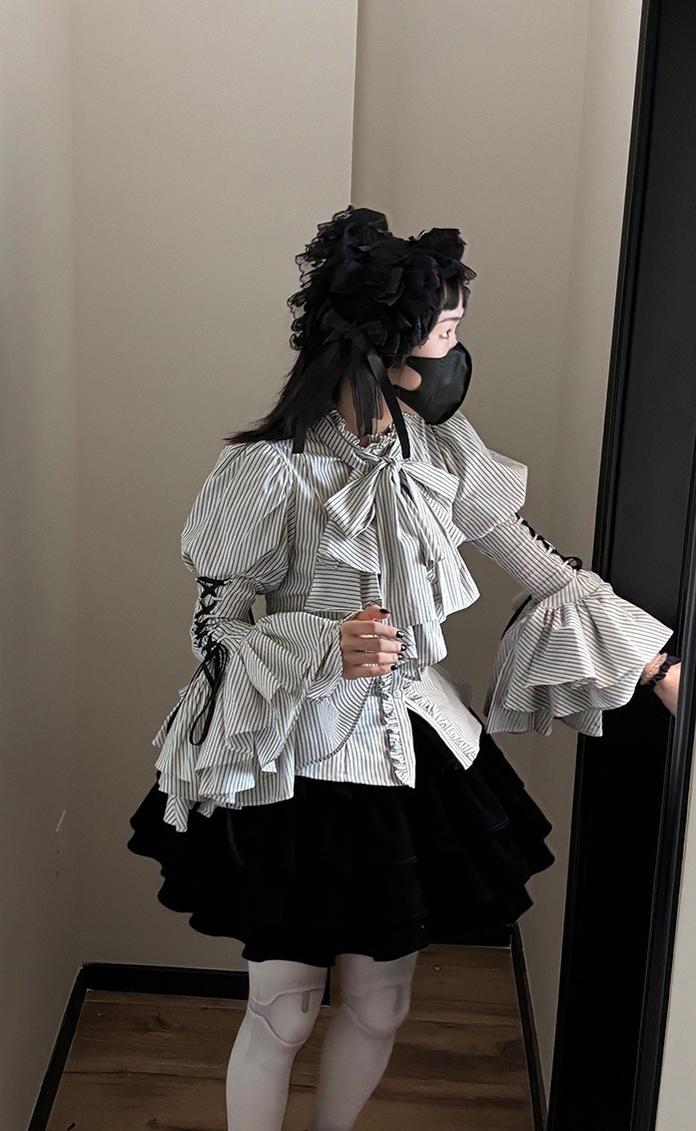 FlowerFairyDaily - Gothic Lolita Striped Shirt With Alternative NeckTie/Jabot - Image 13