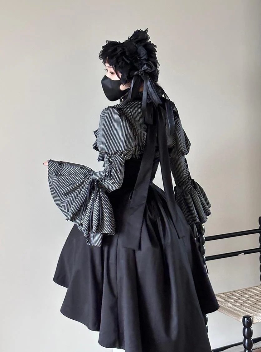 FlowerFairyDaily - Gothic Lolita Striped Shirt With Alternative NeckTie/Jabot - Image 15