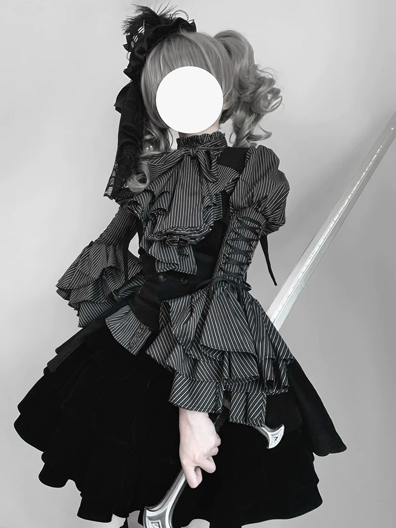 FlowerFairyDaily - Gothic Lolita Striped Shirt With Alternative NeckTie/Jabot - Image 16