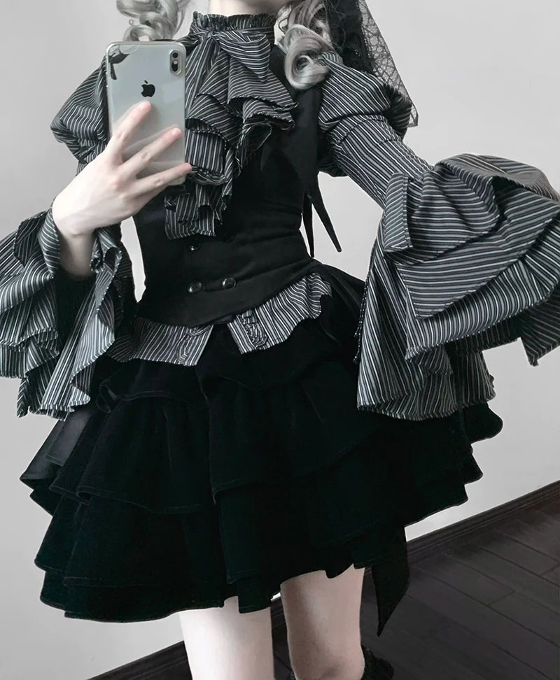 FlowerFairyDaily - Gothic Lolita Striped Shirt With Alternative NeckTie/Jabot - Image 22