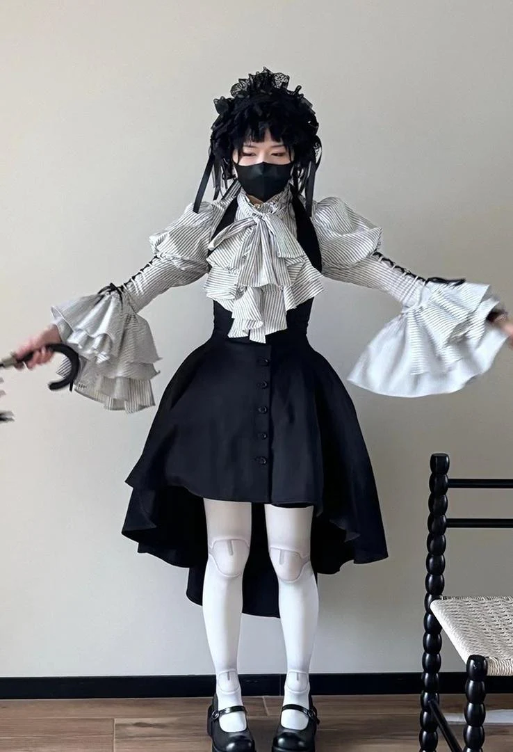 FlowerFairyDaily - Gothic Lolita Striped Shirt With Alternative NeckTie/Jabot - Image 23