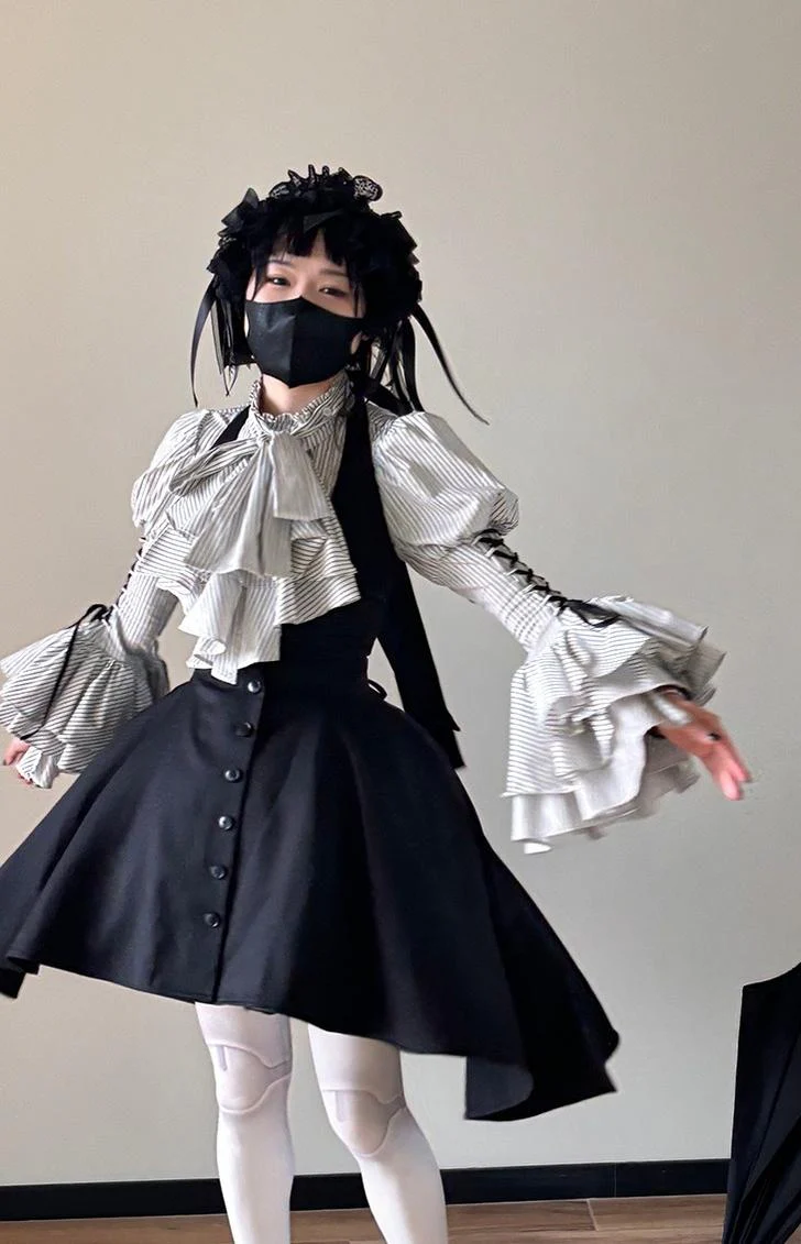 FlowerFairyDaily - Gothic Lolita Striped Shirt With Alternative NeckTie/Jabot - Image 24