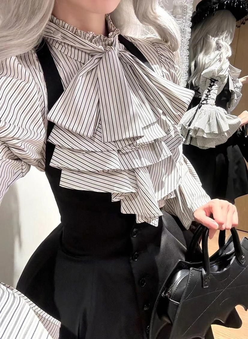 FlowerFairyDaily - Gothic Lolita Striped Shirt With Alternative NeckTie/Jabot - Image 25